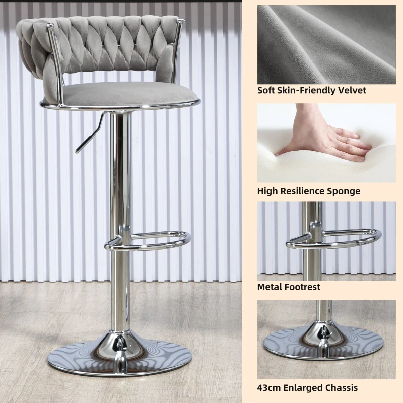 Set of 2 Adjustable Kitchen Bar Stools with Back and Footrest, 360° Swivel Velvet Bar Chairs with Silver Legs, 54x46x97 cm, Gray