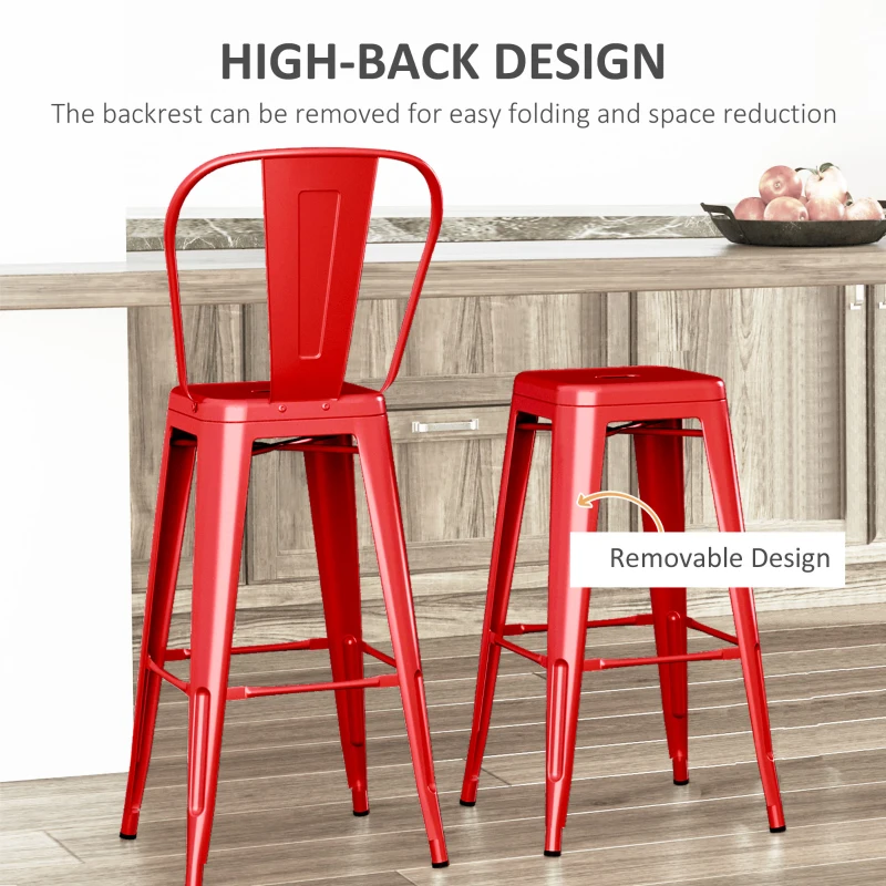 HOMCOM Set 2 Taburete de Bucătărie cu Spătar Detașabil și Reazem pentru Picioare, 44x49x116 cm, Roșu