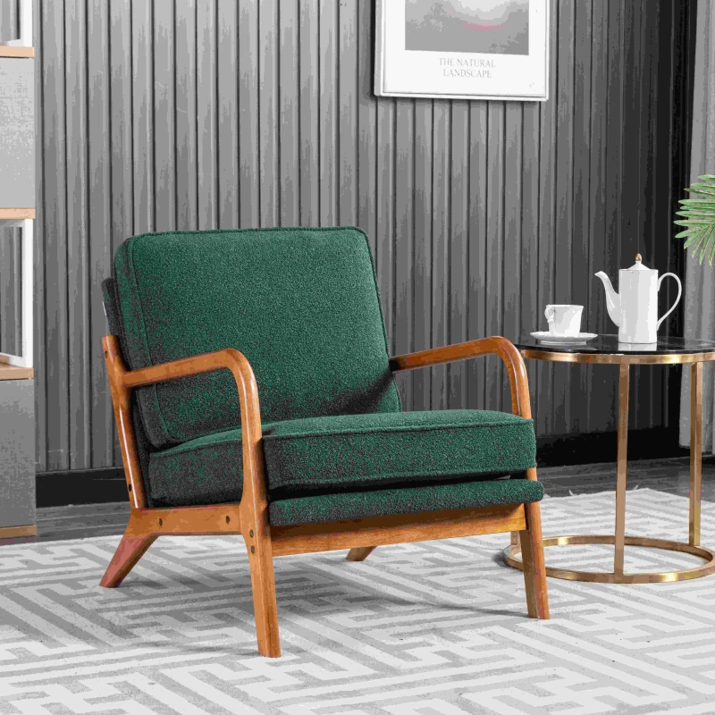 Mid-Century Modern Accent Chair with Solid Wood Frame and Soft Cushion, Comfy Armchair for Living Room, Ergonomic Design, 65x80x76 cm, Emerald