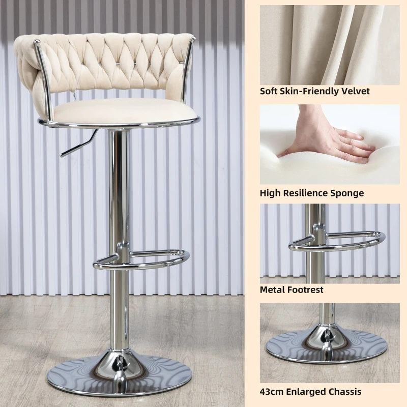 Set of 2 Kitchen Bar Seats with Back and Footrest, 360° Swivel Velvet Bar Chairs with Silver Legs, Adjustable Seat Height, 54x46x97 cm, Ivory