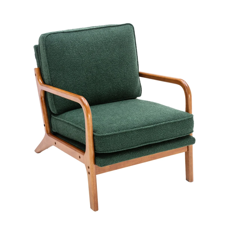 Mid-Century Modern Accent Chair with Solid Wood Frame and Soft Cushion, Comfy Armchair for Living Room, Ergonomic Design, 65x80x76 cm, Emerald