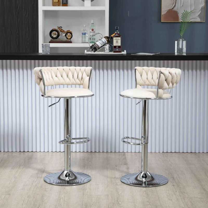 Set of 2 Kitchen Bar Seats with Back and Footrest, 360° Swivel Velvet Bar Chairs with Silver Legs, Adjustable Seat Height, 54x46x97 cm, Ivory