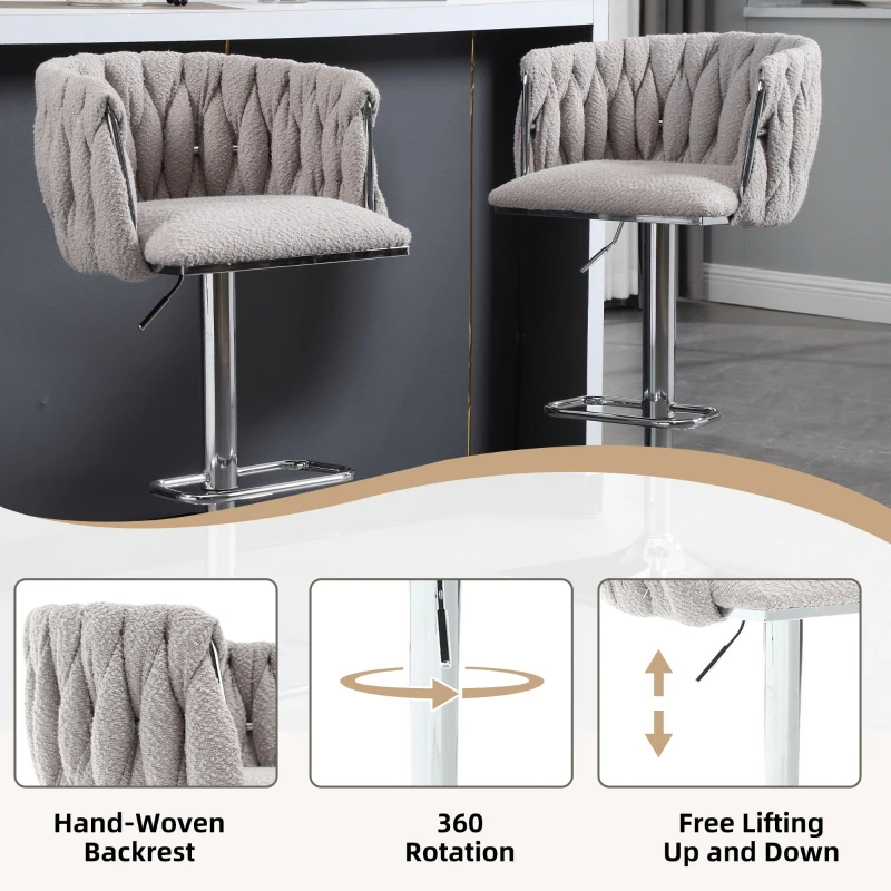 Adjustable Bar Stools Set of 2 with Woven Backs and Silver Base, Upholstered Boucle Fabric, for Kitchen Island and Pub, 53x51x87 cm, Gray