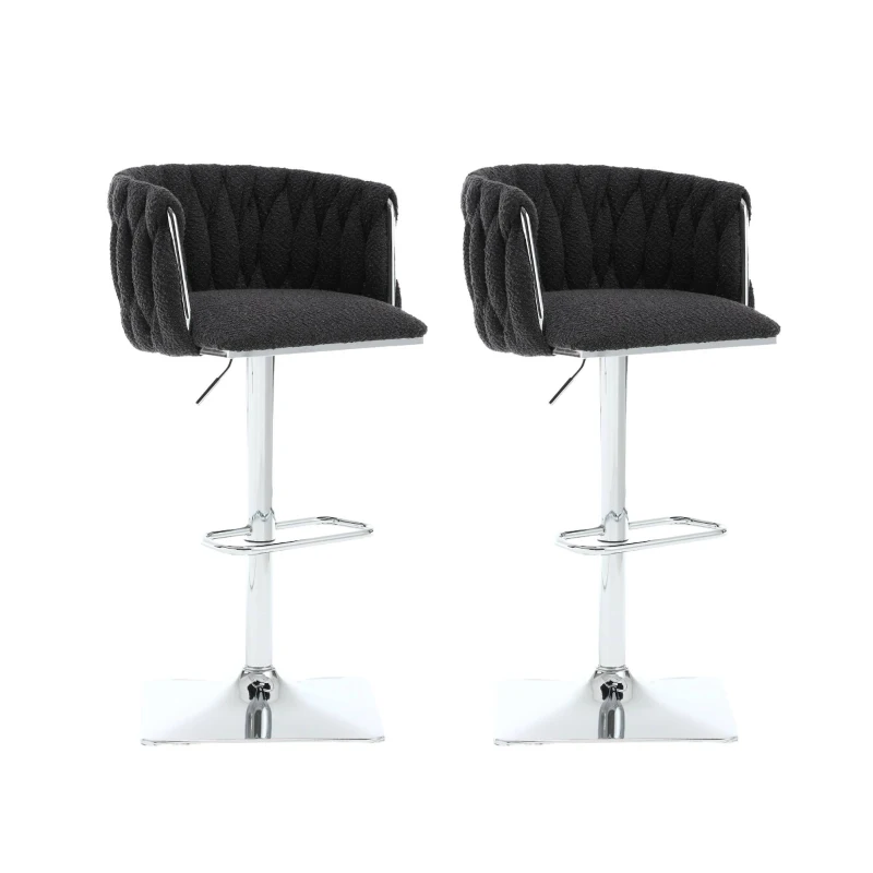 Set of 2 Adjustable Upholstered Swivel Kitchen Stools with Silver Base, Bar Stools with Backs for Kitchen Island, Pub, 53x51x87 cm, Black