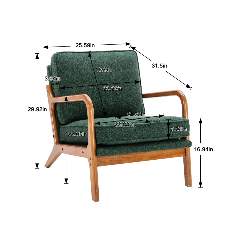 Mid-Century Modern Accent Chair with Solid Wood Frame and Soft Cushion, Comfy Armchair for Living Room, Ergonomic Design, 65x80x76 cm, Emerald
