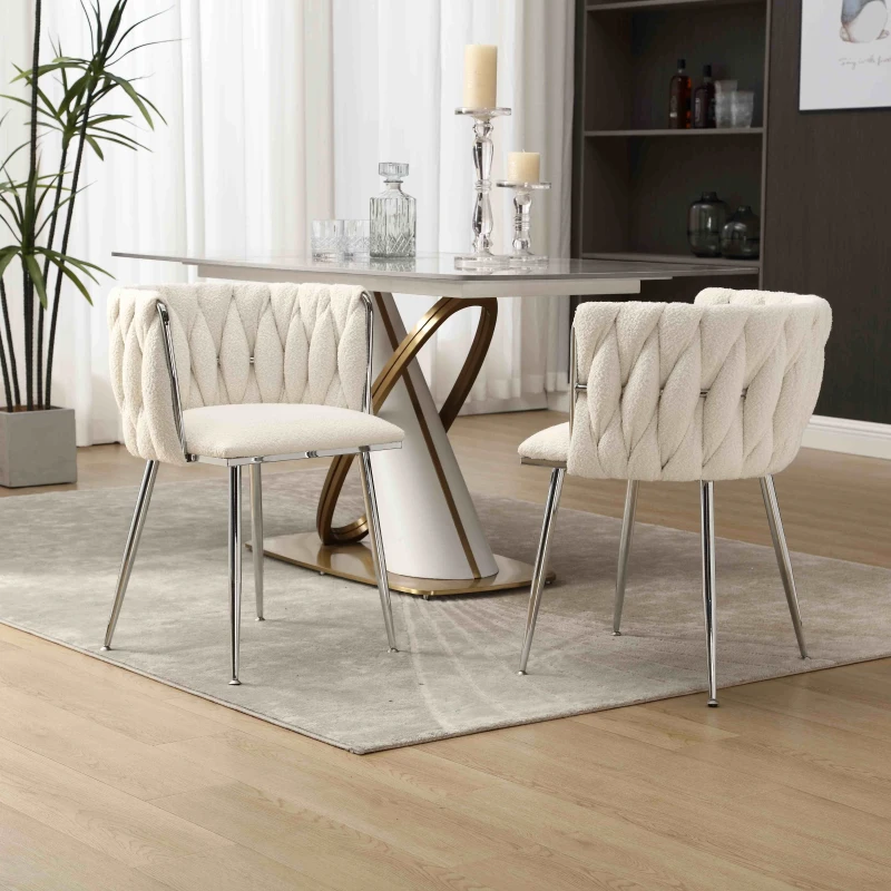 Set of 2 Modern Hand Weaving Dining Chairs with Silver Legs and Armrests, Boucle Upholstered Side Chairs, Set of 2 Dining Chair for Living Room, 54x52x73 cm, Ivory