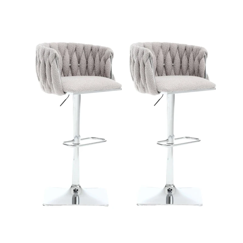 Adjustable Bar Stools Set of 2 with Woven Backs and Silver Base, Upholstered Boucle Fabric, for Kitchen Island and Pub, 53x51x87 cm, Gray