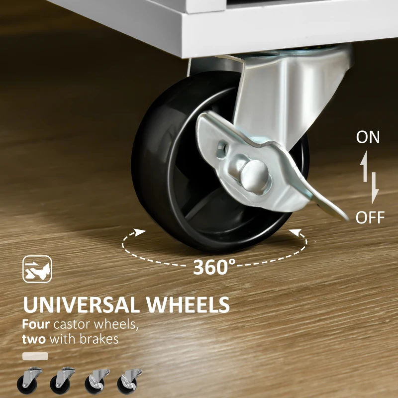 HOMCOM Insulă de Bucătărie cu Blat de Lucru din Lemn de Cauciuc, Roți, 2 Sertare, Dulăpior și Rafturi, 104x46x91 cm, Gri