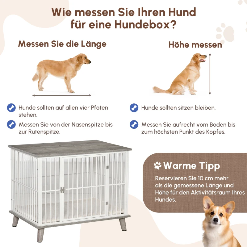 PawHut Hundekäfig aus Holz, Hundebox, Transportbox, mit Kissen, 86 cm x 60 cm x 70 cm Holzwerkstoff Stahl Weiß + Grau