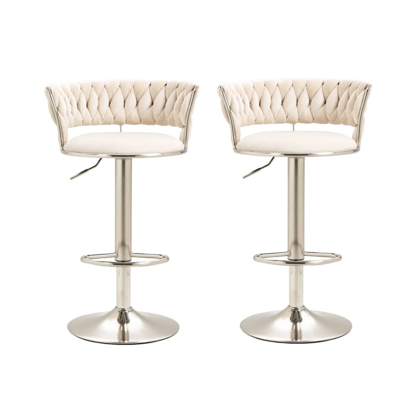 Set of 2 Kitchen Bar Seats with Back and Footrest, 360° Swivel Velvet Bar Chairs with Silver Legs, Adjustable Seat Height, 54x46x97 cm, Ivory