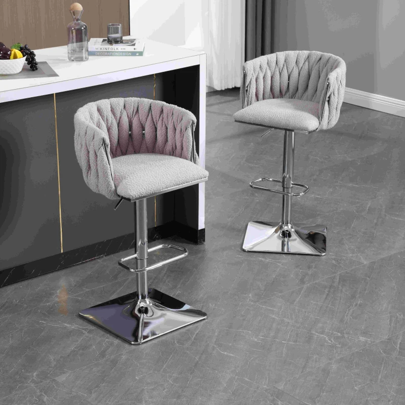 Adjustable Bar Stools Set of 2 with Woven Backs and Silver Base, Upholstered Boucle Fabric, for Kitchen Island and Pub, 53x51x87 cm, Gray