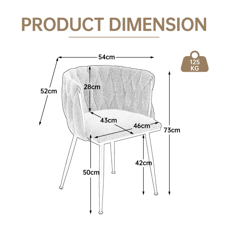 Set of 2 Modern Dining Chairs with Silver Legs, Hand-woven Backrest and Armrests, Upholstered Boucle Armchair for Living Room, 54x52x73 cm, Light Blue