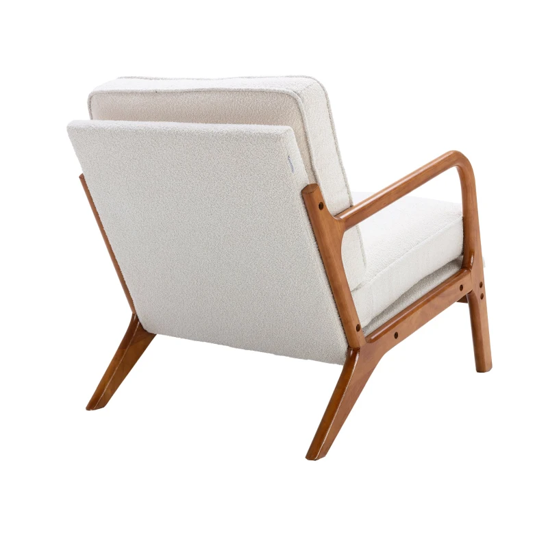 Mid-Century Modern Accent Chair with Solid Wood Frame and Soft Cushion, Comfy Armchair for Living Room, 65x80x76 cm, Beige