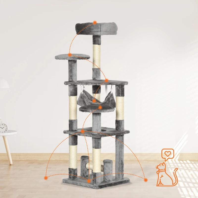 PawHut Katzenbaum Katzenkratzbaum Katzenspielturm Katzen Kletterbaum Kratzbaum Hängematte Grau L40 x B40 x H132 cm