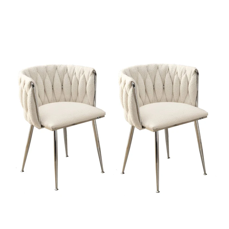Set of 2 Modern Hand Weaving Dining Chairs with Silver Legs and Armrests, Boucle Upholstered Side Chairs, Set of 2 Dining Chair for Living Room, 54x52x73 cm, Ivory
