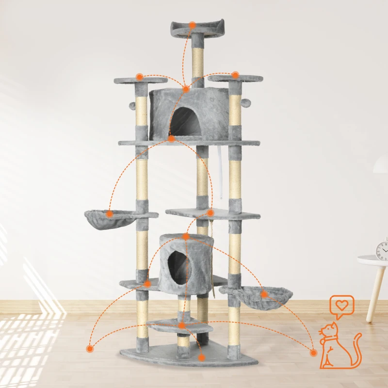 PawHut Kratzbaum mit 2 Hängematten u. 2 Katzenhöhlen inkl. Spielzeug Plüsch Sisalseil Hellgrau
