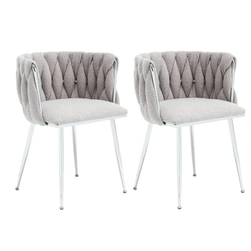 Set of 2 Modern Hand Weaving Dining Chairs with Silver Legs and Armrests, Boucle Upholstered Side Chairs, Set of 2 Dining Chair for Living Room, 54x52x73 cm, Gray