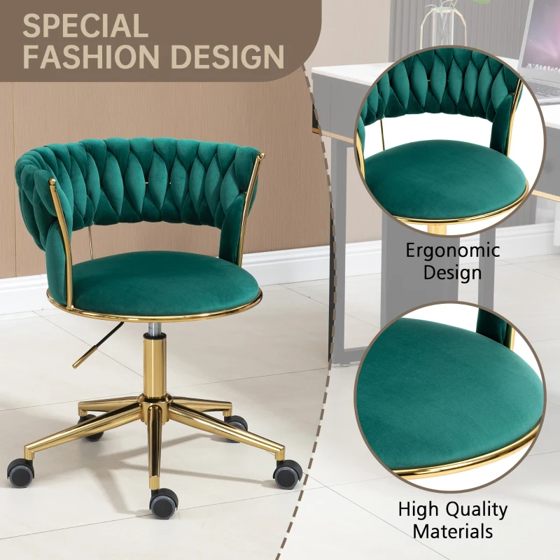 Velvet Swivel Office Desk Chair with Hand-Woven Backrest, 360° Swivel and Height Adjustable, Stainless Base with 5 Wheels, 62x62x77 cm, Emerald