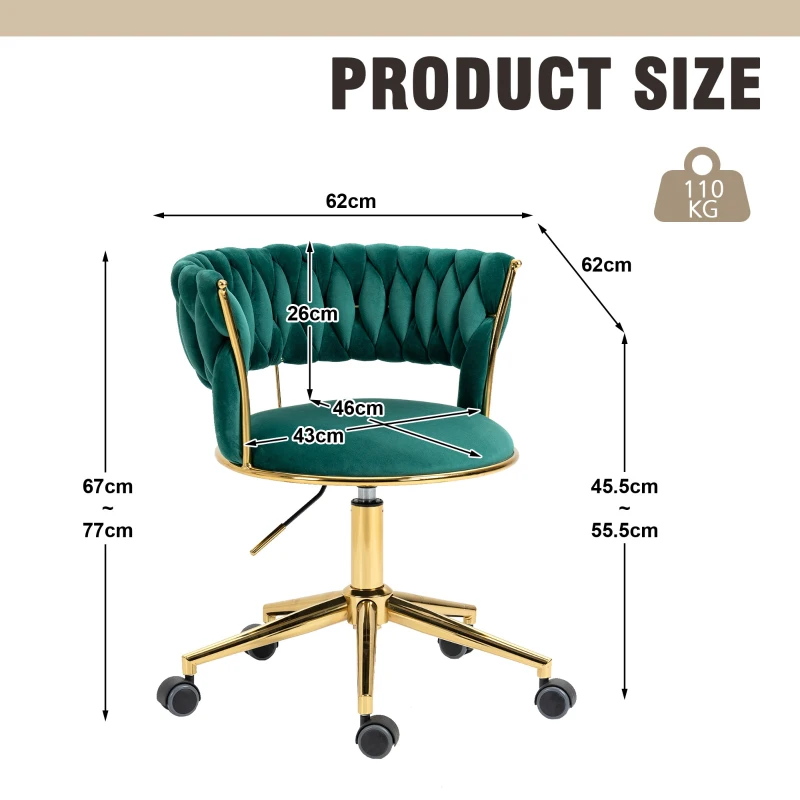 Velvet Swivel Office Desk Chair with Hand-Woven Backrest, 360° Swivel and Height Adjustable, Stainless Base with 5 Wheels, 62x62x77 cm, Emerald