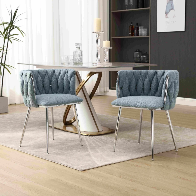 Set of 2 Modern Dining Chairs with Silver Legs, Hand-woven Backrest and Armrests, Upholstered Boucle Armchair for Living Room, 54x52x73 cm, Light Blue