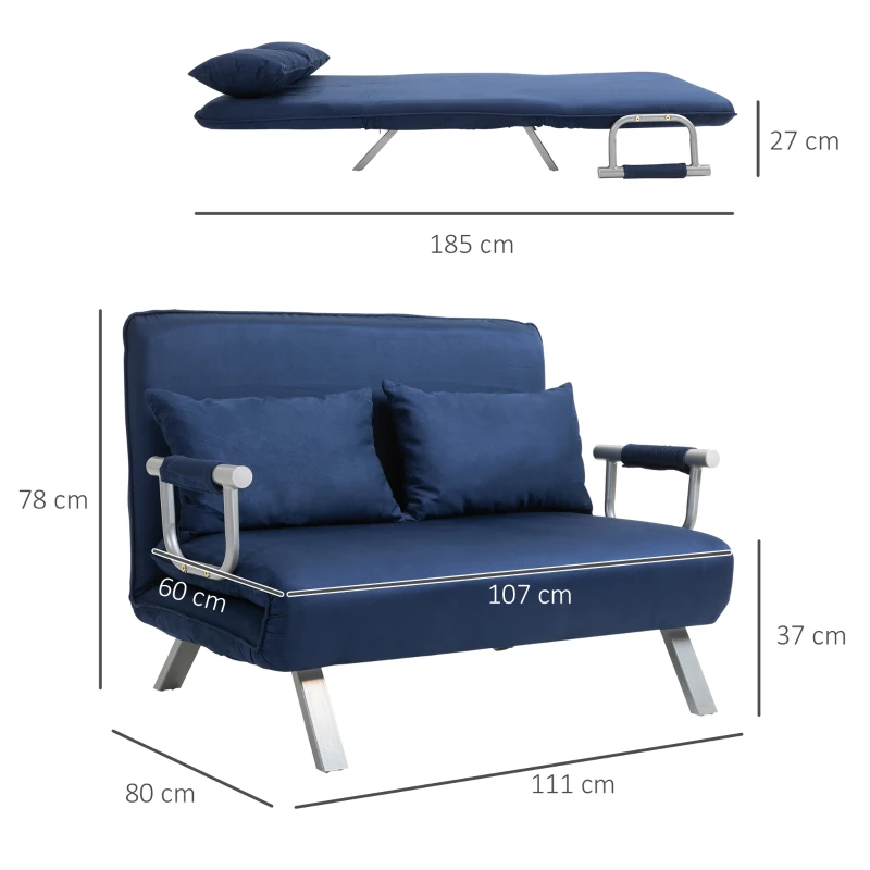 HOMCOM Sofa do Spania, 5-stopniowa Regulacja, Imitacja Zamszu, Rama Metalowa, w zestawie Poduszki, Granatowa(m-3)