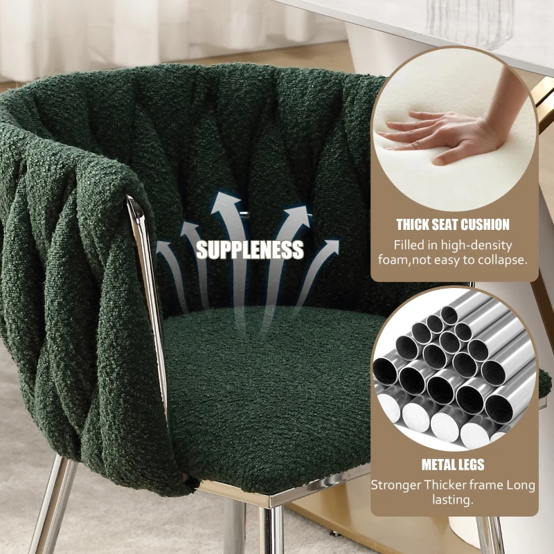 Set of 2 Modern Dining Chairs with Silver Legs, Hand-woven Backrest and Armrests, Upholstered Boucle Armchair for Living Room, 54x52x73 cm, Emerald