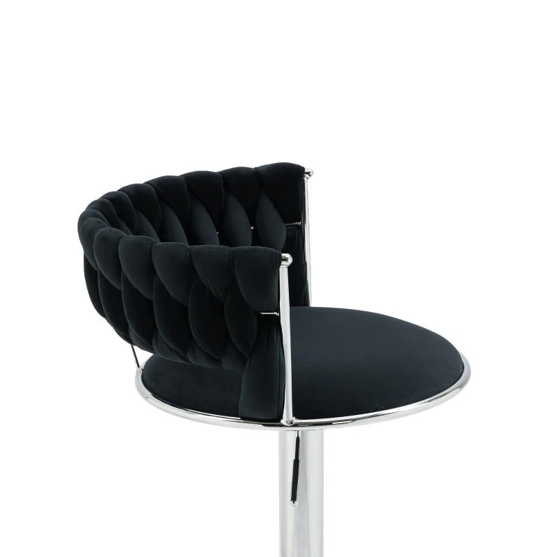 Set of 2 Adjustable Bar Stools with Back and Footrest, 360° Swivel Velvet Barstools with Silver Legs, 54x46x97 cm, Black