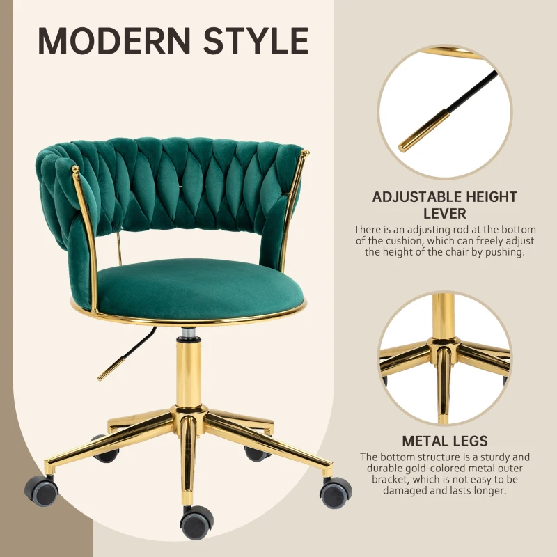 Velvet Swivel Office Desk Chair with Hand-Woven Backrest, 360° Swivel and Height Adjustable, Stainless Base with 5 Wheels, 62x62x77 cm, Emerald