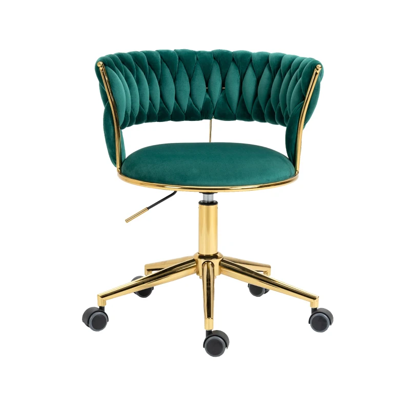 Velvet Swivel Office Desk Chair with Hand-Woven Backrest, 360° Swivel and Height Adjustable, Stainless Base with 5 Wheels, 62x62x77 cm, Emerald