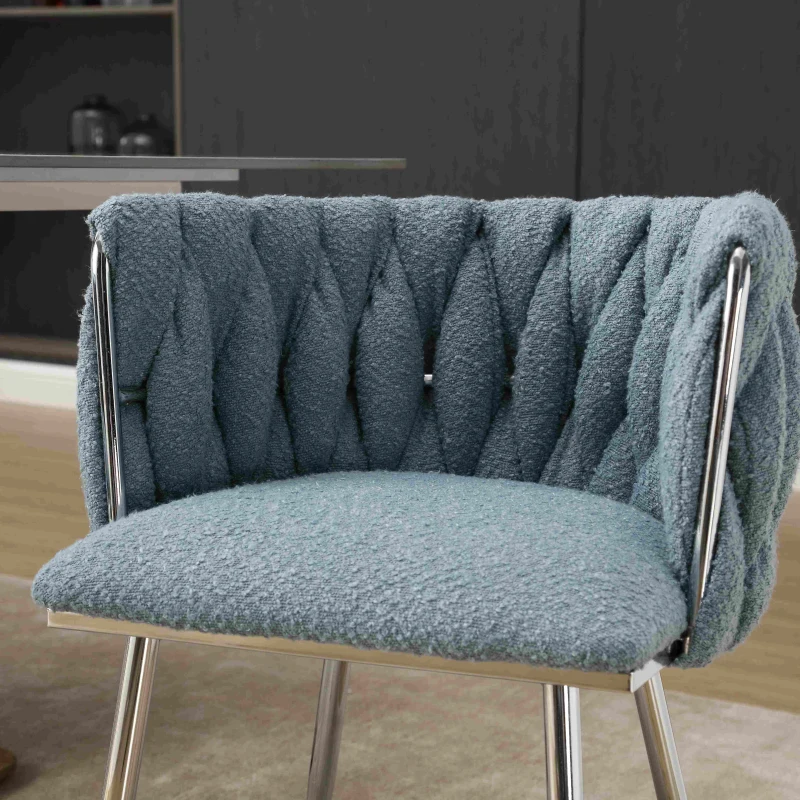 Set of 2 Modern Dining Chairs with Silver Legs, Hand-woven Backrest and Armrests, Upholstered Boucle Armchair for Living Room, 54x52x73 cm, Light Blue