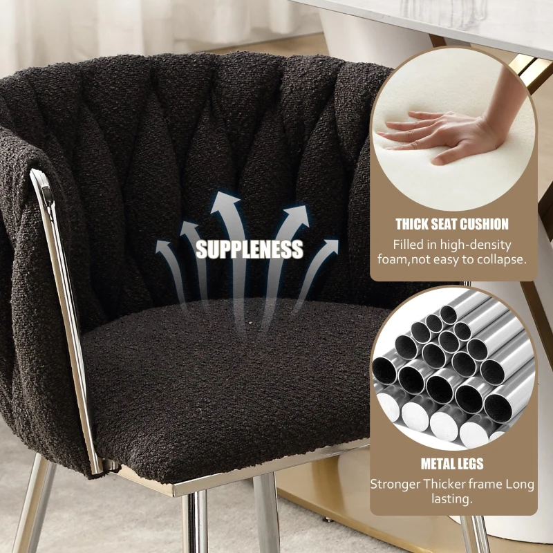 Set of 2 Modern Hand Weaving Dining Chairs with Silver Legs and Armrests, Boucle Upholstered Dining Chairs, Set of 2 Dining Chair for Living Room, 54x52x73 cm, Black