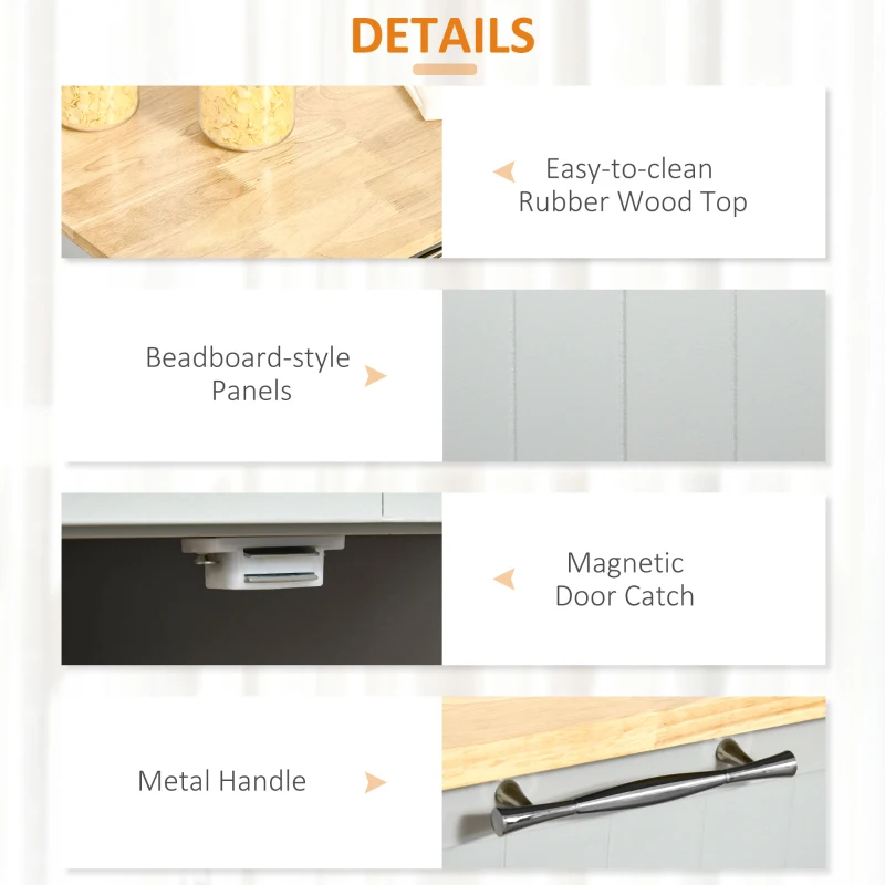 HOMCOM Insulă de Bucătărie cu Blat de Lucru din Lemn de Cauciuc, Roți, 2 Sertare, Dulăpior și Rafturi, 104x46x91 cm, Gri