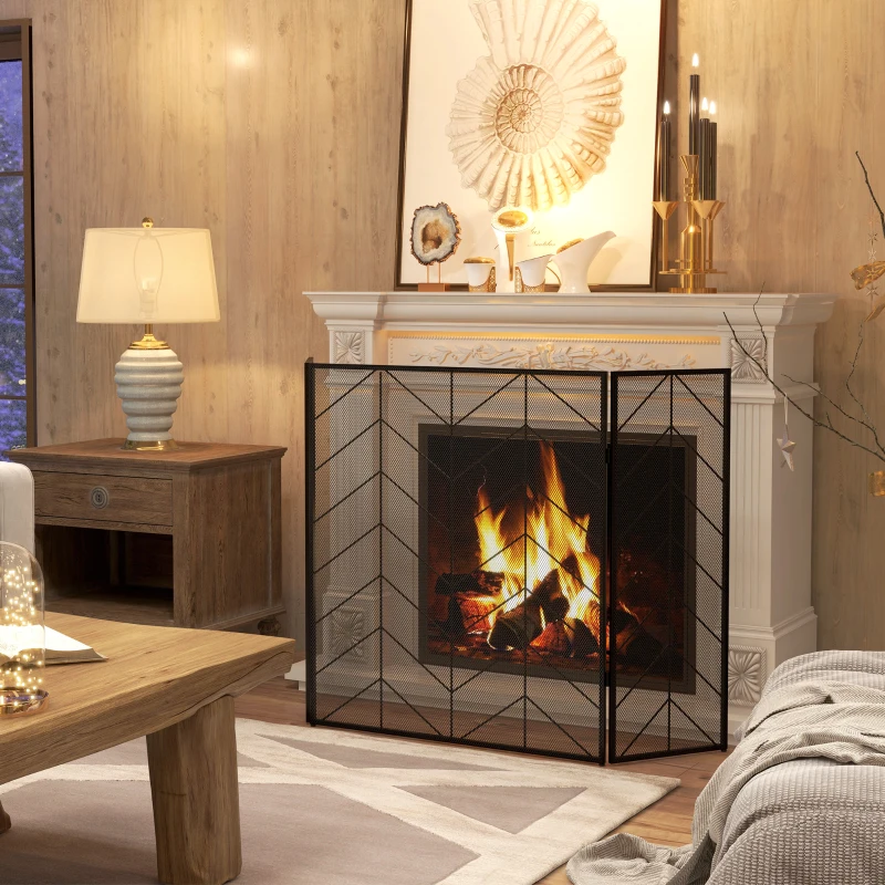 HOMCOM Osłona przeciwiskrowa do kominków, elegancka wyłapująca iskry, składana, malowana proszkowo, Czarna, 135 x 85 cm