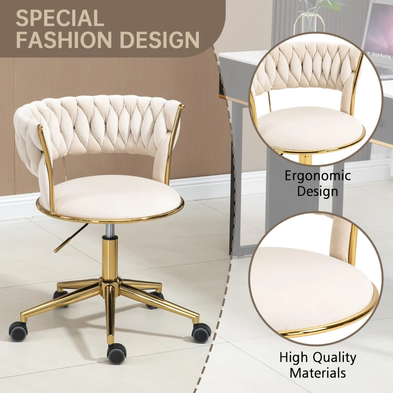 Velvet 360° Swivel Computer Chair with Backrest, 5 Wheels, Adjustable Height, Stainless Base, 62x62x77 cm, Ivory