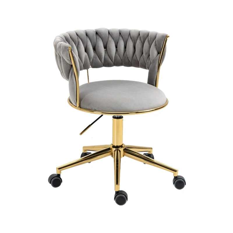 Velvet Swivel Executive Office Desk Chair with Hand-Woven Backrest, 360° Swivel and Height Adjustable, Stainless Base and 5 Wheels, 62x62x77 cm, Gray