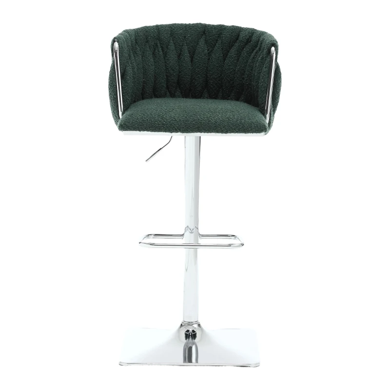 Set of 2 Kitchen Bar Stools with Woven Backs and Silver Base, Height Adjustable Bar Chairs, for Kitchen Island and Pub, 53x51x87 cm, Emerald