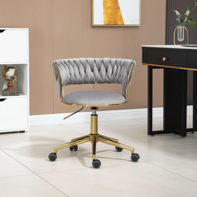 Velvet Swivel Executive Office Desk Chair with Hand-Woven Backrest, 360° Swivel and Height Adjustable, Stainless Base and 5 Wheels, 62x62x77 cm, Gray