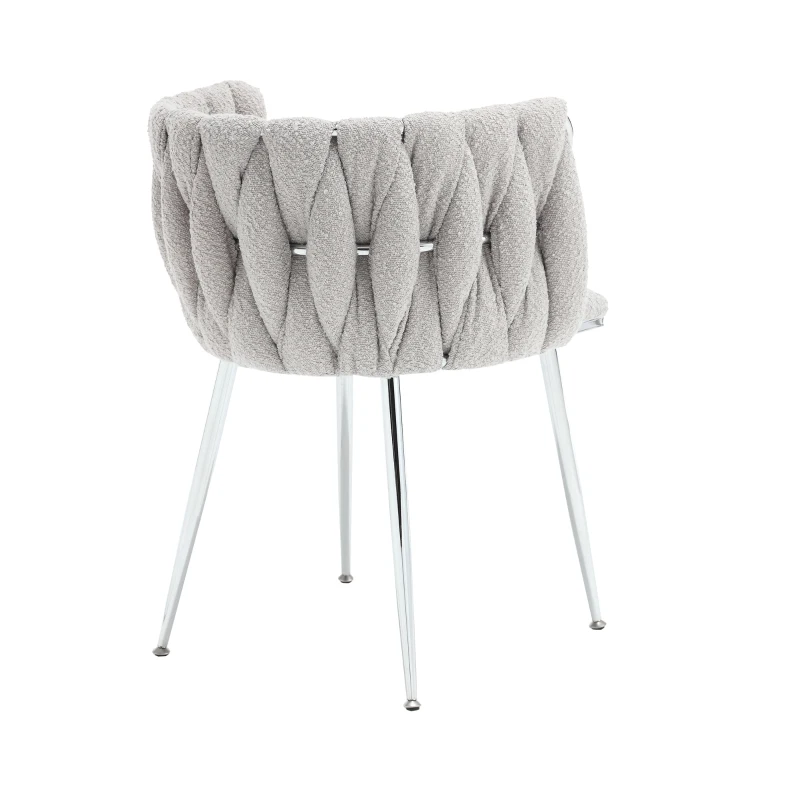 Set of 2 Modern Hand Weaving Dining Chairs with Silver Legs and Armrests, Boucle Upholstered Side Chairs, Set of 2 Dining Chair for Living Room, 54x52x73 cm, Gray
