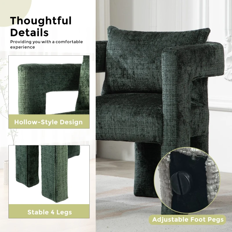 Modern Lounge Chair Set of 2 with Hollow Armrest Design, Cushions and Pillows, 60x44x65 cm, Emerald