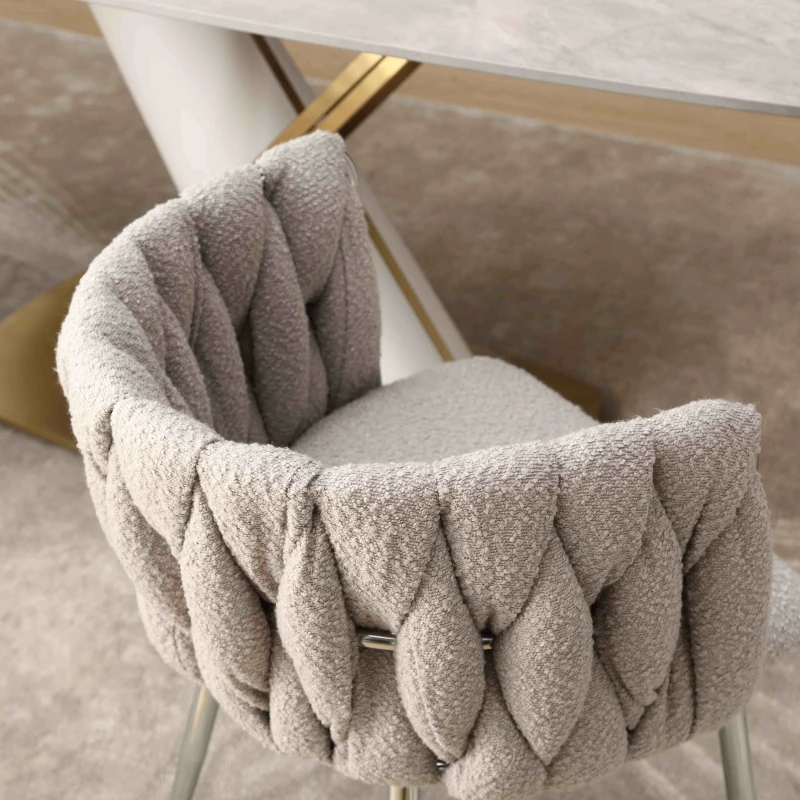 Set of 2 Modern Hand Weaving Dining Chairs with Silver Legs and Armrests, Boucle Upholstered Side Chairs, Set of 2 Dining Chair for Living Room, 54x52x73 cm, Gray