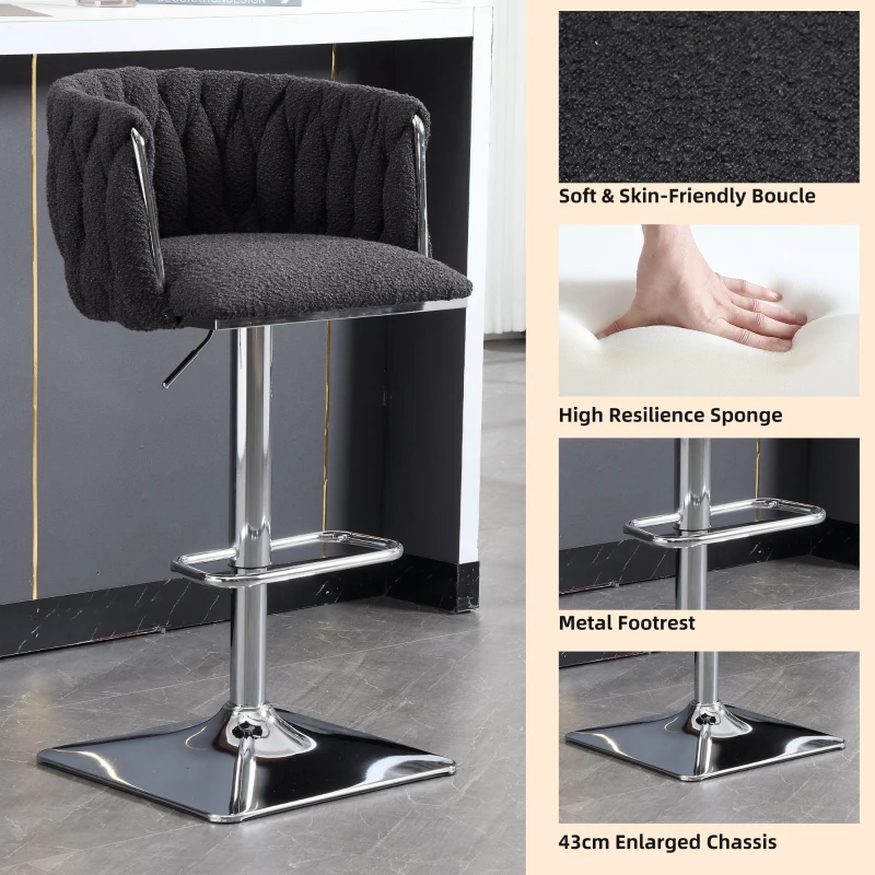 Set of 2 Adjustable Upholstered Swivel Kitchen Stools with Silver Base, Bar Stools with Backs for Kitchen Island, Pub, 53x51x87 cm, Black