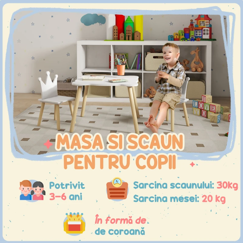 AIYAPLAY Set Masă și 2 Scaune pentru Copii 3-6 Ani, Masă Ondulată și Scaune în Formă de Coroană, 60x60x44 cm, Alb
