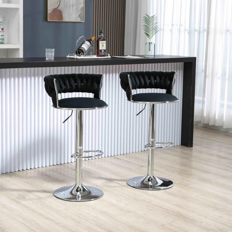 Set of 2 Adjustable Bar Stools with Back and Footrest, 360° Swivel Velvet Barstools with Silver Legs, 54x46x97 cm, Black