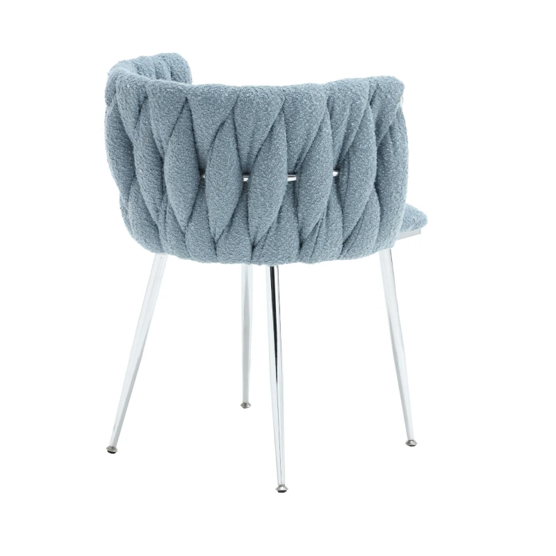 Set of 2 Modern Dining Chairs with Silver Legs, Hand-woven Backrest and Armrests, Upholstered Boucle Armchair for Living Room, 54x52x73 cm, Light Blue