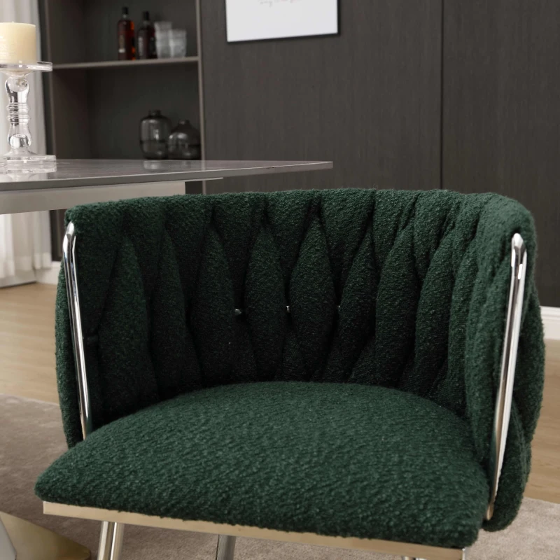 Set of 2 Modern Dining Chairs with Silver Legs, Hand-woven Backrest and Armrests, Upholstered Boucle Armchair for Living Room, 54x52x73 cm, Emerald
