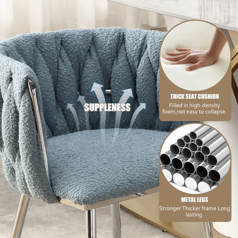 Set of 2 Modern Dining Chairs with Silver Legs, Hand-woven Backrest and Armrests, Upholstered Boucle Armchair for Living Room, 54x52x73 cm, Light Blue
