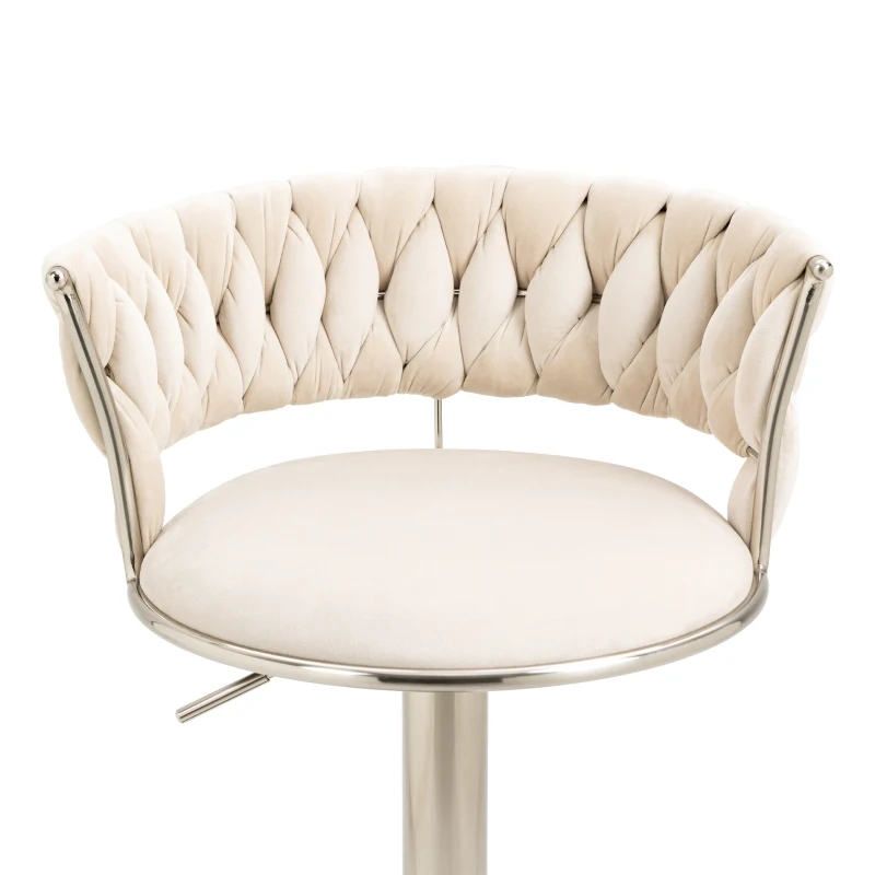Set of 2 Kitchen Bar Seats with Back and Footrest, 360° Swivel Velvet Bar Chairs with Silver Legs, Adjustable Seat Height, 54x46x97 cm, Ivory