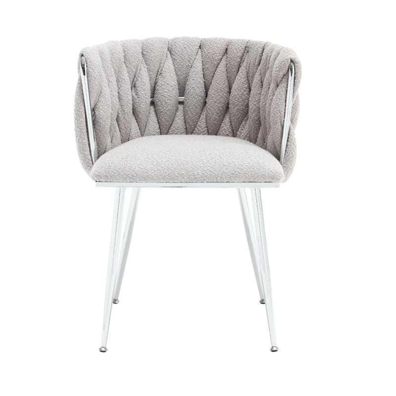 Set of 2 Modern Hand Weaving Dining Chairs with Silver Legs and Armrests, Boucle Upholstered Side Chairs, Set of 2 Dining Chair for Living Room, 54x52x73 cm, Gray