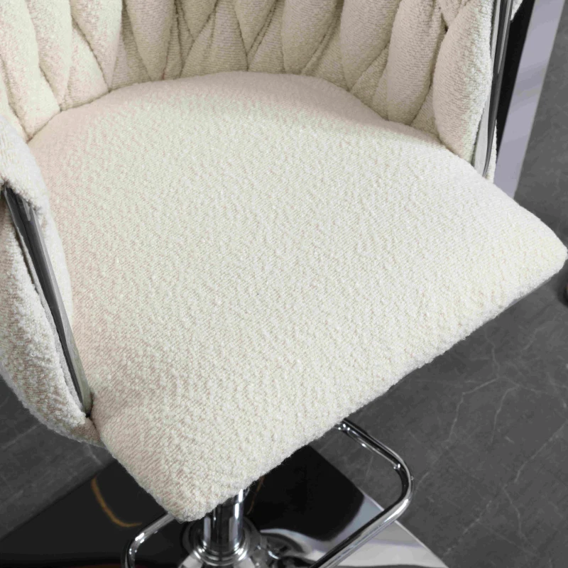 Adjustable Bar Stools Set of 2 with Woven Backs and Silver Base, Upholstered Boucle Fabric, for Kitchen Island and Pub, 53x51x87 cm, Ivory