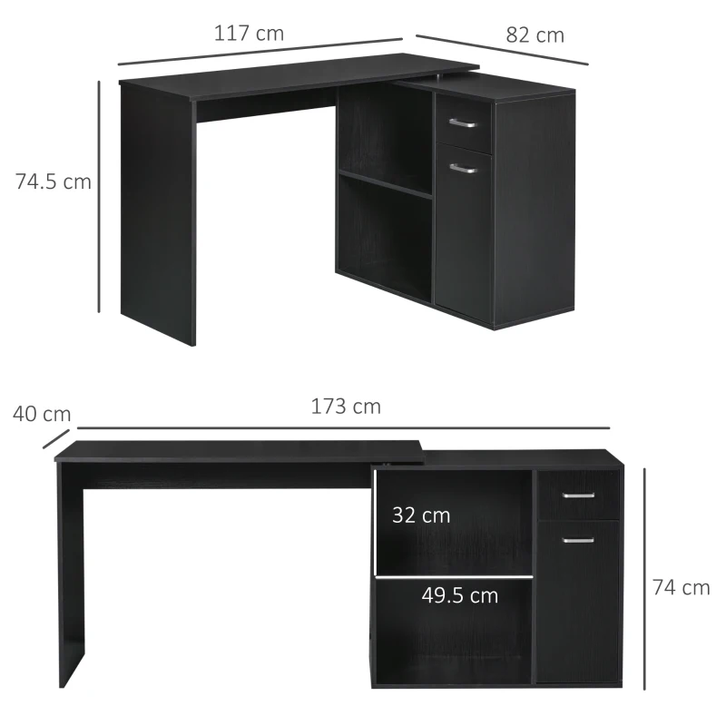 Homcom Birou Colt 117×82×74 cm – Negru cu 2 Sertare & 2 Rafturi(m-3)